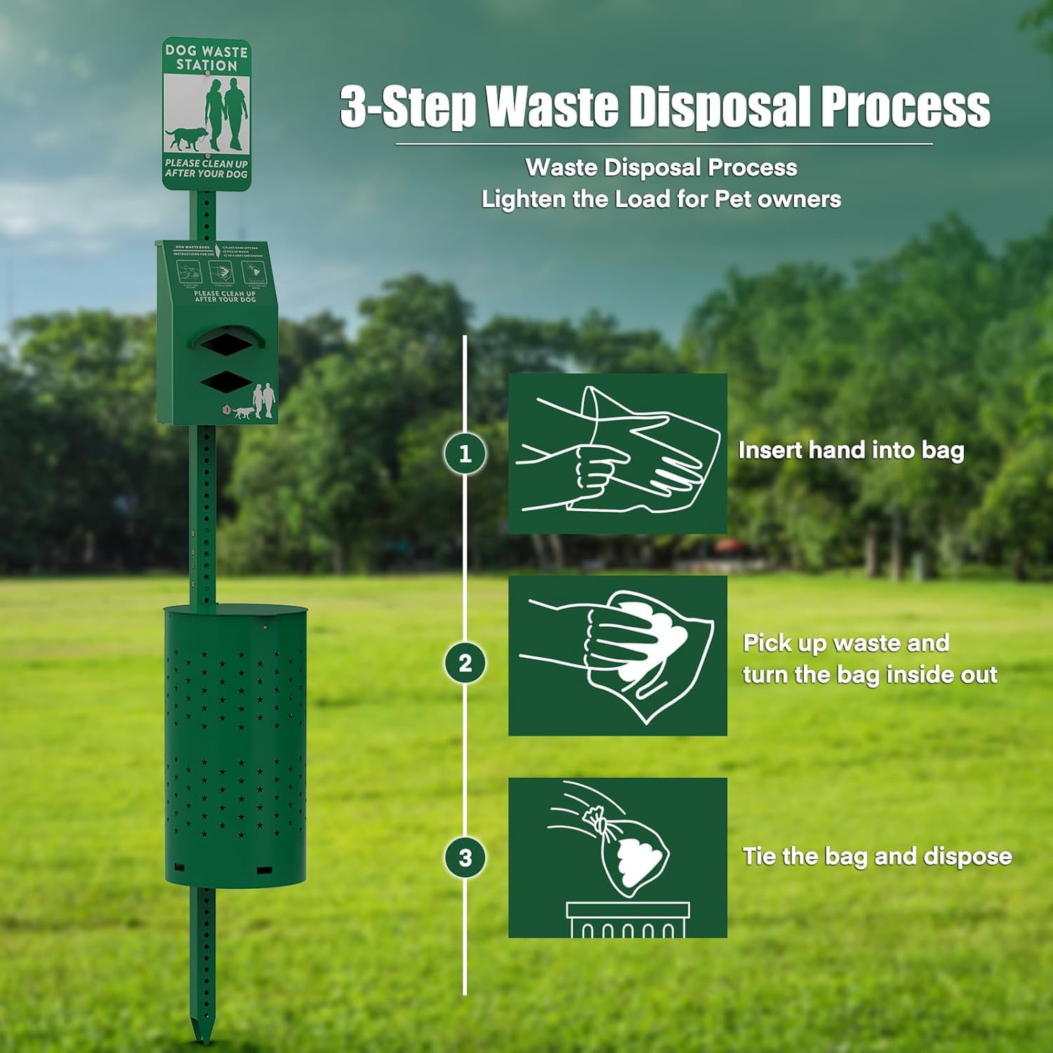 Metateel Dog Waste Station - Dog Poop Trash Can Outside with 10-Gallon Capacity, Poop Bag Dispenser, and Convenient Lid, Pet Waste Station for Easy Clean-Up in Parks, Yards, and Public Spaces
