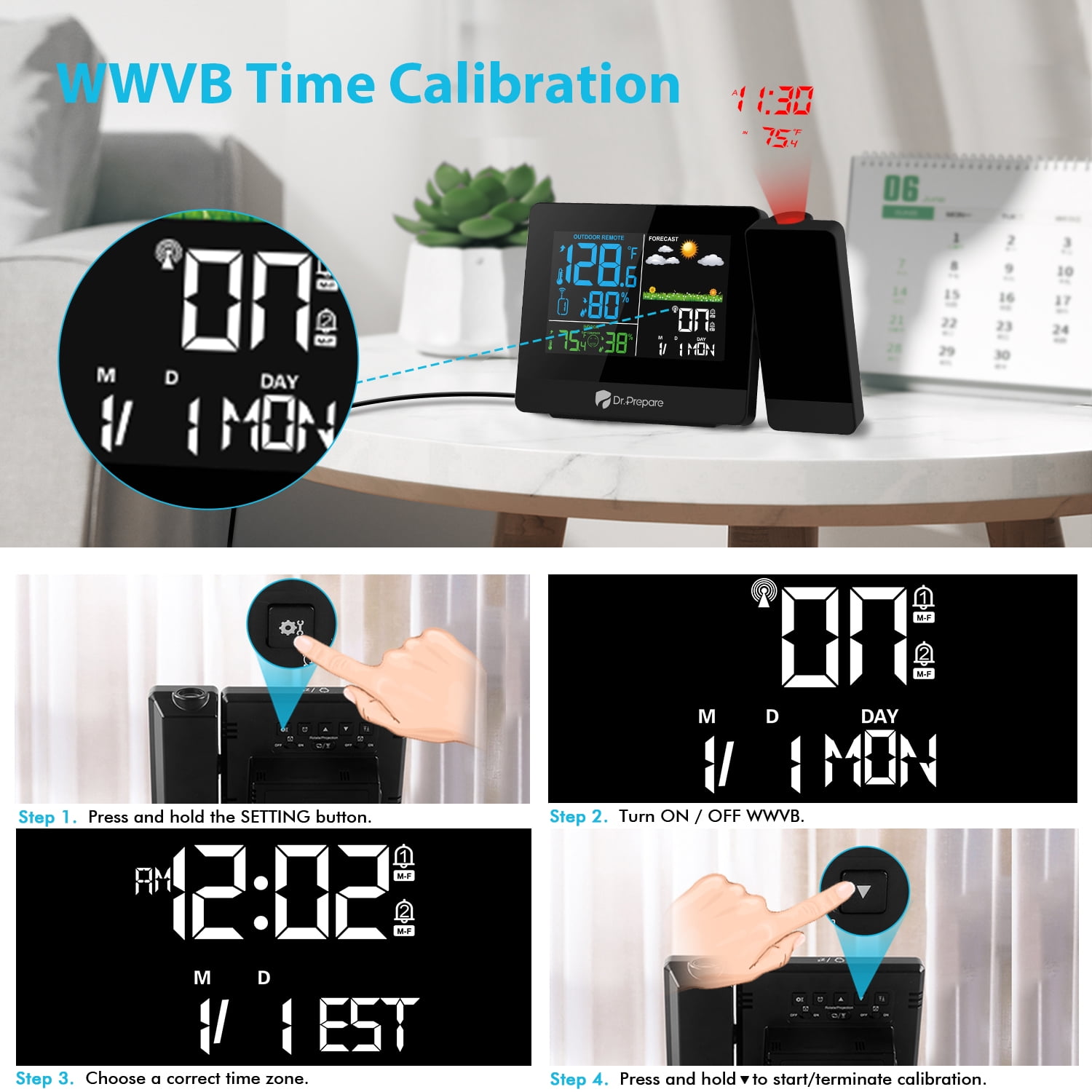  DR.PREPARE Projection Alarm Clock, Digital Clock Projector on  Ceiling with Indoor/Outdoor Temperature Display, Dual Alarms, Colored  Backlight, Weather Forecast, and Battery Backup for Bedroom : Home & Kitchen