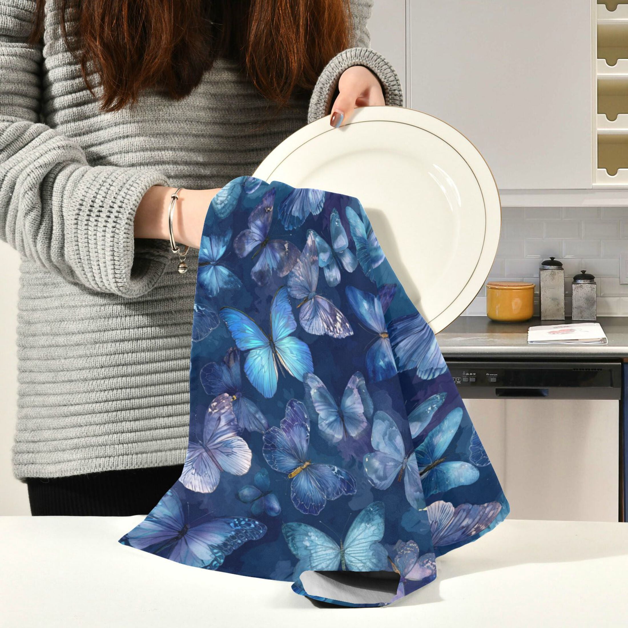 Qxltty Pretty Blue Butterfly Kitchen Towels 28 x 18 Inch Set of 6 Soft Cotton Linen Feel Dish Towels with Hanging Loop for Drying, Cleaning & Decor