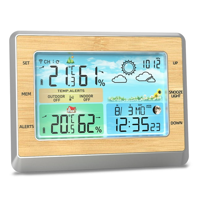 Mistaha Weather Station Wireless Indoor Outdoor Thermometer 6 Inch Color LED Display Temperature Humidity Monitor with Barometric Pressure USB Charging Port Moon Phase Comfort Bar 4 Levels Brightness