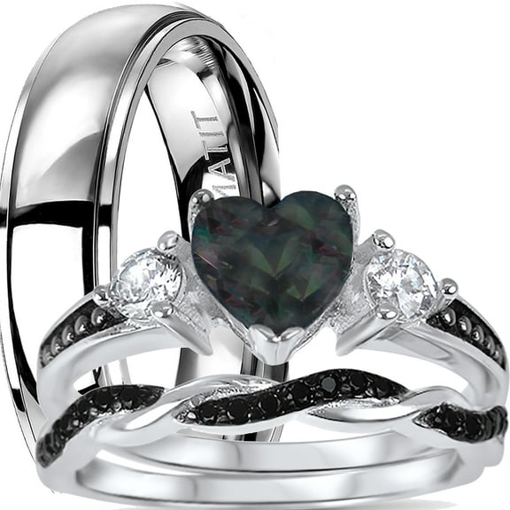 His and Hers 3 Piece TRIO Sterling Silver Black Wedding Band Engagement Ring Set 11/7