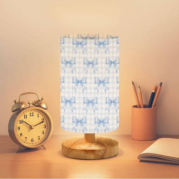 16-Color Dimmable Table Lamp, Blue Gingham Bow Bedside Lamp Nightstand Light for Bedroom Nursery, Wood Base Fabric Shade Reading Lamps Gifts for Kids