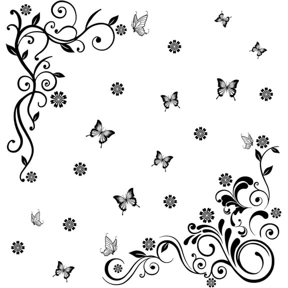 Black 12 Butterfly Wall Decal 21 Flowers Self-Adhesive Wall Stickers with 2 Vine Wall Art for Living Room Bedroom s Room TV Wall Decoration