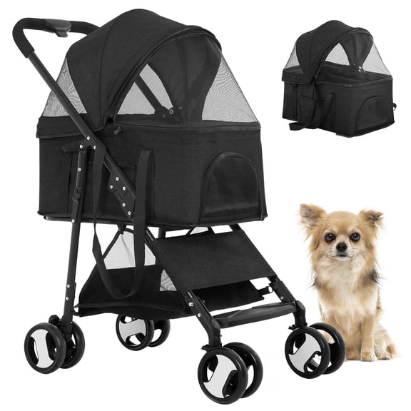 BestPet 3-in-1 Premium Dog/Cat Stroller, Detachable Carrier, Cup Holder, Black, 4 Wheels
