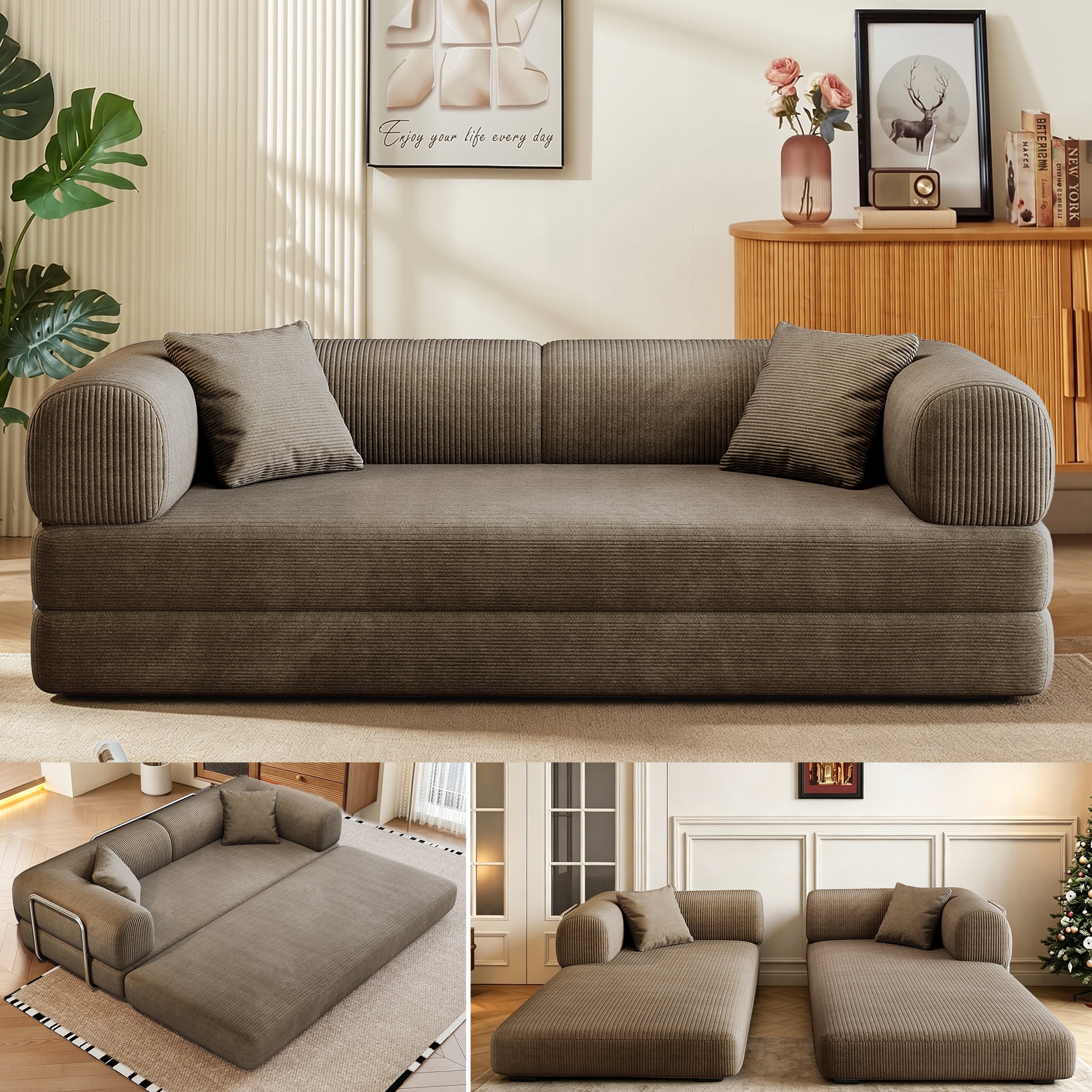 AISWORD Convertible Sleeper Sofa Bed with Cylindrical Pillow, Corduroy Folding Mattress Couch with Fixed-Shape Frame, Floor Sofa Lounge Couch, Camel