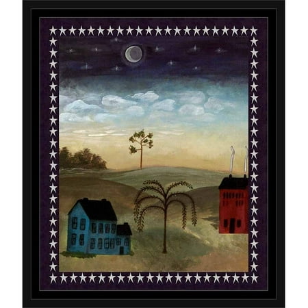 Americana Home Primitive Community Night Time Landscape Painting Green & Blue, Framed Canvas Art by Pied Piper
