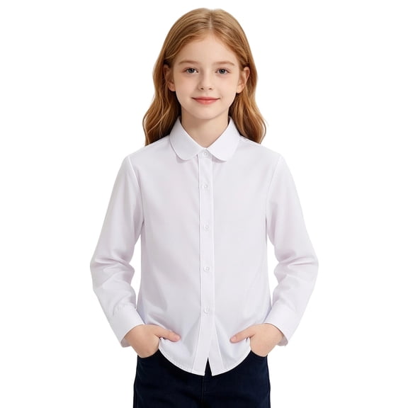lnmuld Girls Solid Color Peter Pan Collar Long-Sleeve School Blouse Color:White,Size:17-18 Years