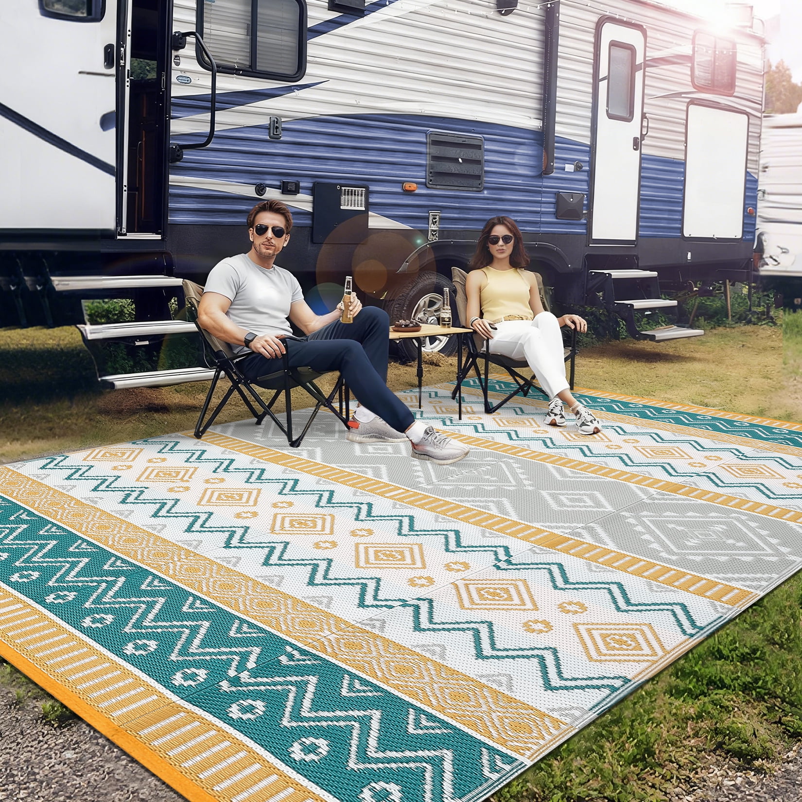 Garvee Outdoor Area Rug 9'x18' Waterproof Outdoor Carpet, Boho Plastic Straw Rug RV Mat for Picnic, Deck, Balcony, Beach, Patio, Multicolor