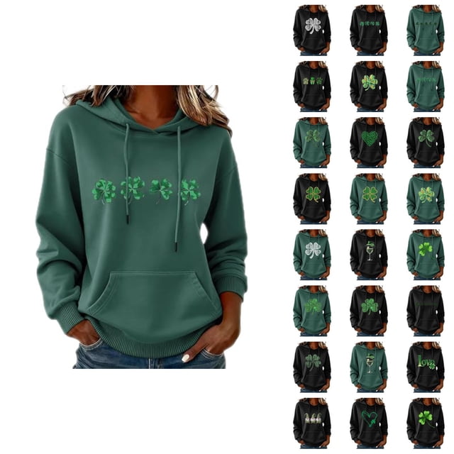 Chandails à Capuchon pour Femmes de la Saint-Patrick 2026 à Manches Longues avec Graphique de Trèfle et Poches