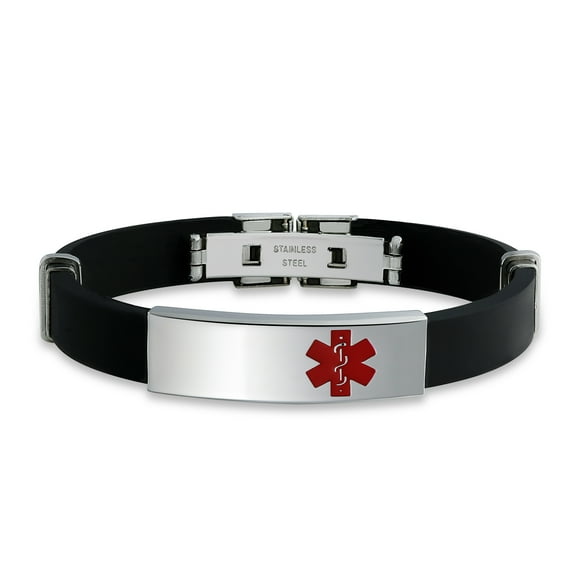 Bling Jewelry Mens Waterproof Black Silicone Medical ID Bracelet for Men - Trim-to-Fit Steel 8.5"