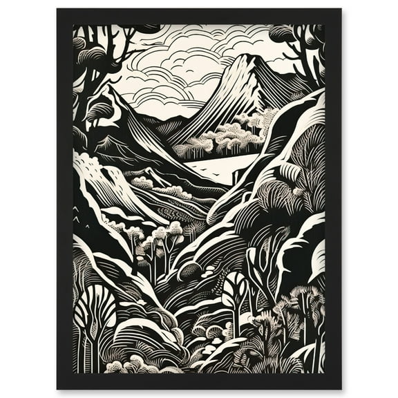 Forest Mountain Landscape Black and White Linocut Artwork Framed Wall Art Print A4