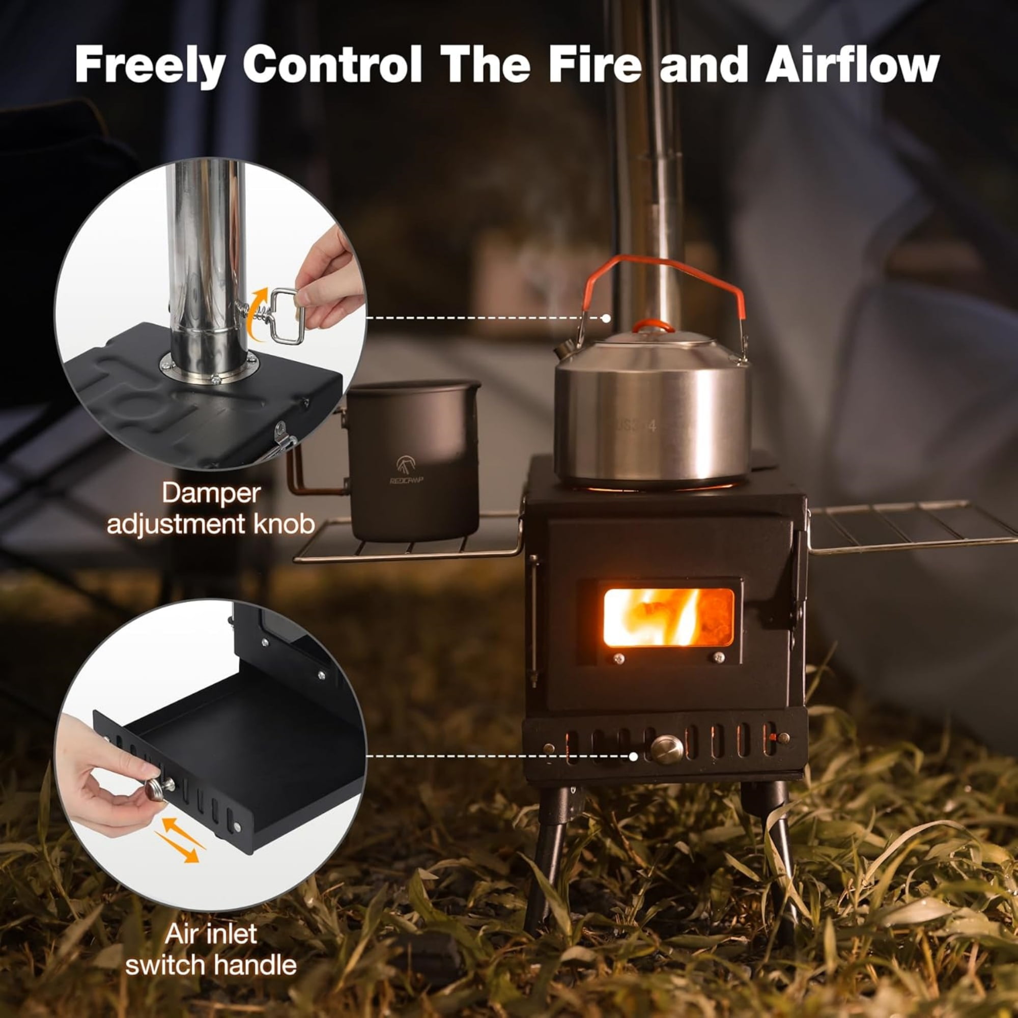 RedSwing Camping Tent Stove, Alloy Steel Wood Burner Portable Wall Tent Stove, Compact Mobile Wood-Fired Stove Set with Chimney Tubes &Tent Ropes for Travel, Cooking, Ice Fishing
