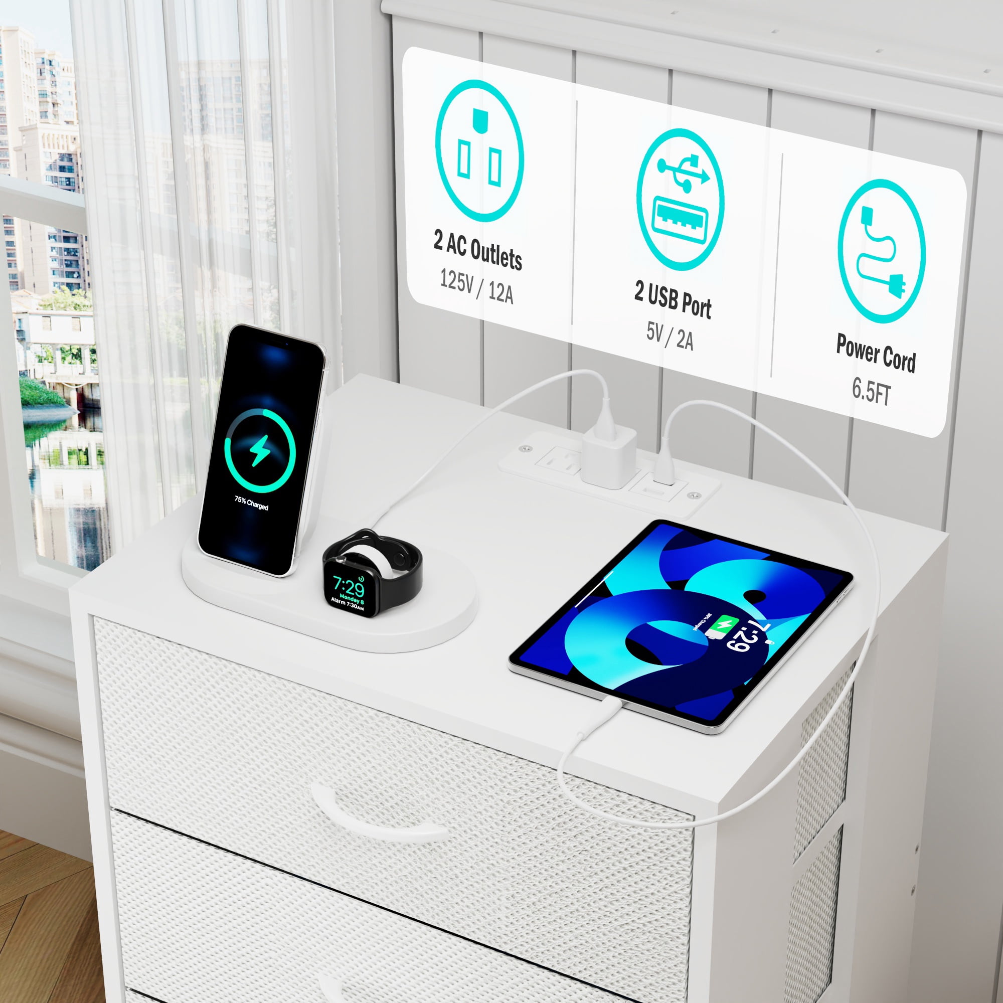 Nightstand Set of 2, Holaki Nightstand for Bedroom with Charging Station, Modern Nightstand with 3 Storage Drawer & 20 Colors LED Lights, Bedside Table for Living Room, White