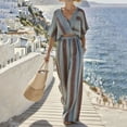thumbnail image 5 of Mifsaly Vacation Outfits for Women 2 Piece Set Striped Short Sleeve V Neck Wrap Crop Top and Flowy Wide Leg Pants Loose Casual Boho Beach Clothes with Pockets Black,L, 5 of 7