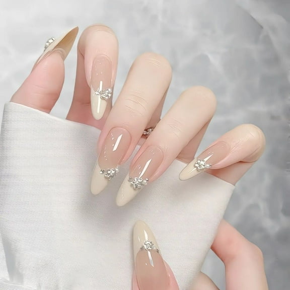 10Pcs Long Almond False Press on Nails Rhinestone White French Style Fake Nails