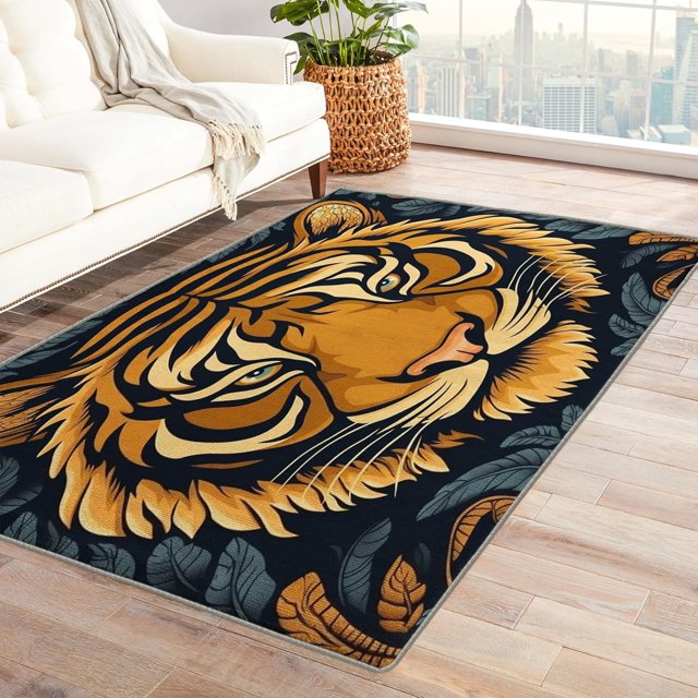Tiger Area Rug 6x8, Flower Rugs for Bedroom Living Room, Animal Carpet, Machine Washable Rug, Non Slip Soft Low Pile Rugs Large Area Rug Home Decor