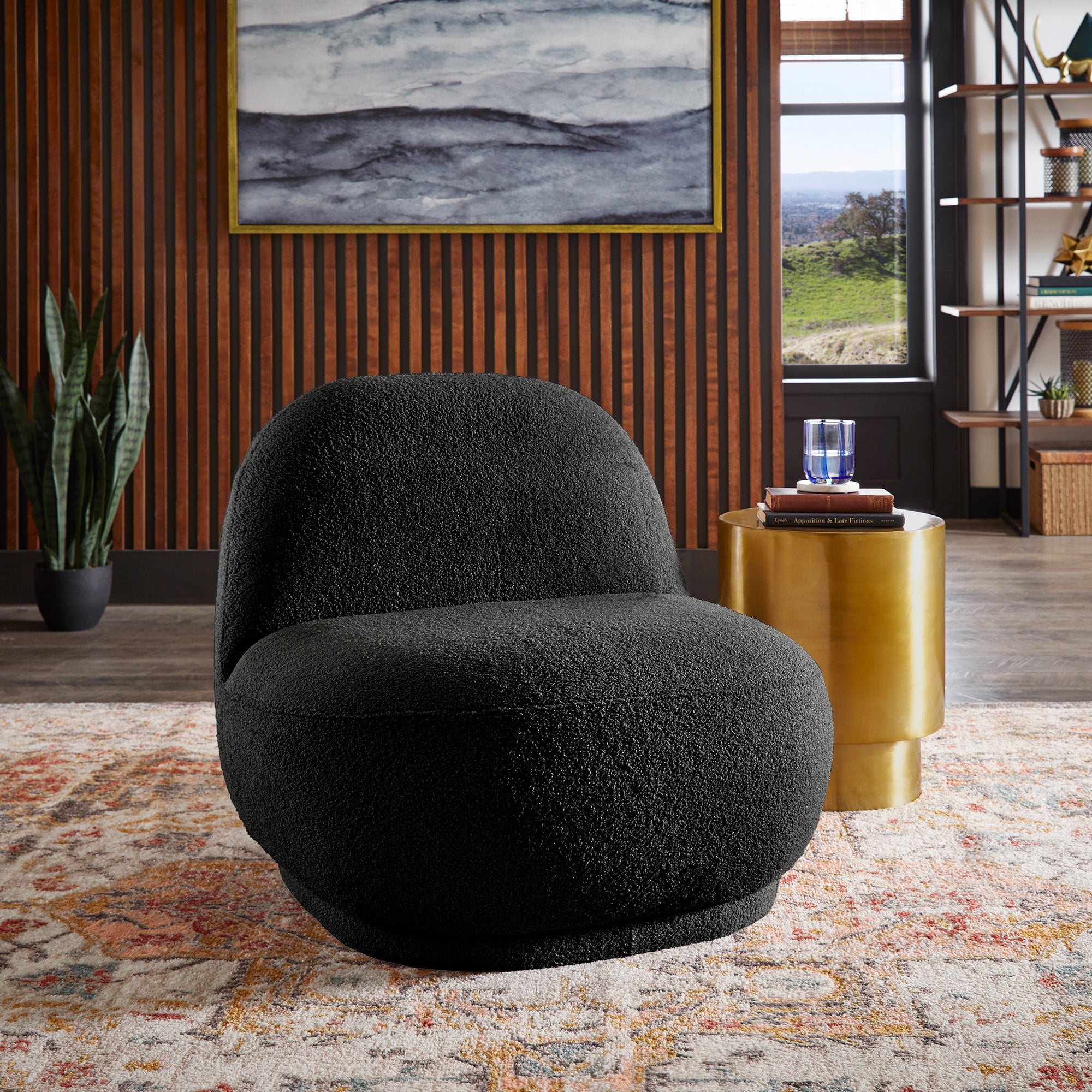 Weston Home Lompoc Modern Boucle Accent Chair with Rounded Design and Lumbar Pillow, Black