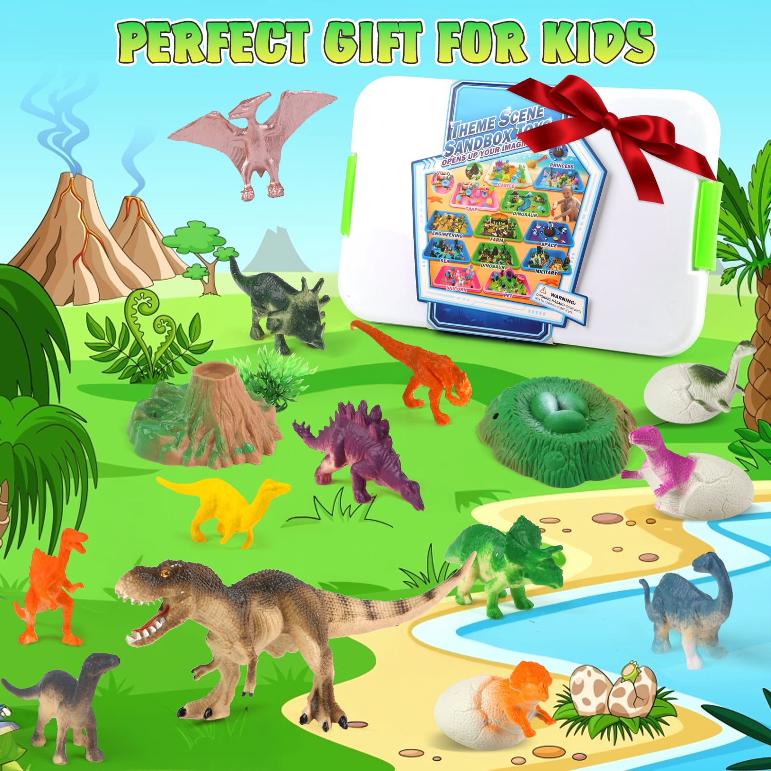UQN Dinosaur Sensory Bin Toys for Boys, 37 PCS Sensory Bins for Toddlers 3-4 with 14 Dinosaur Toys & 2.2lb Magic Sand, Sensory Toy Birthday Gift for Boys Toddler Ages 3-8