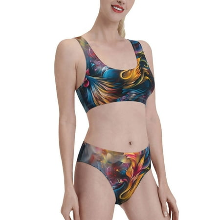 Uemuo Vibrant Rooster Painting Printed Women s High Waisted Bikini Sets Sporty Two Piece Swimsuits Color Block Cheeky High Cut Bathing Suits-X-Large