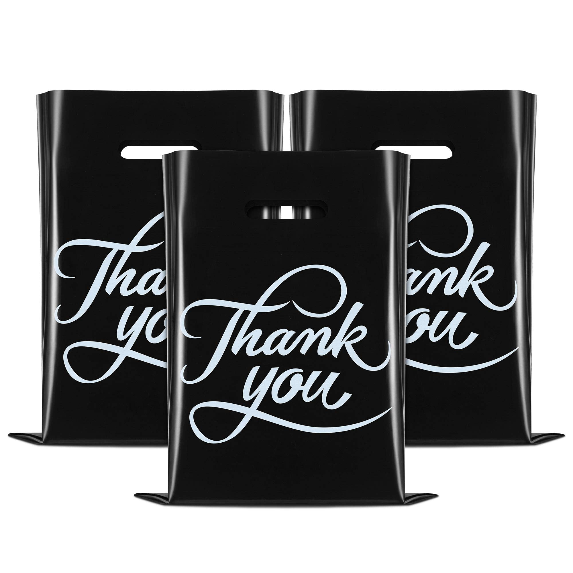 Plastic Merchandise Bags w/ Handles, Black 12x15 inch Thank You Bags