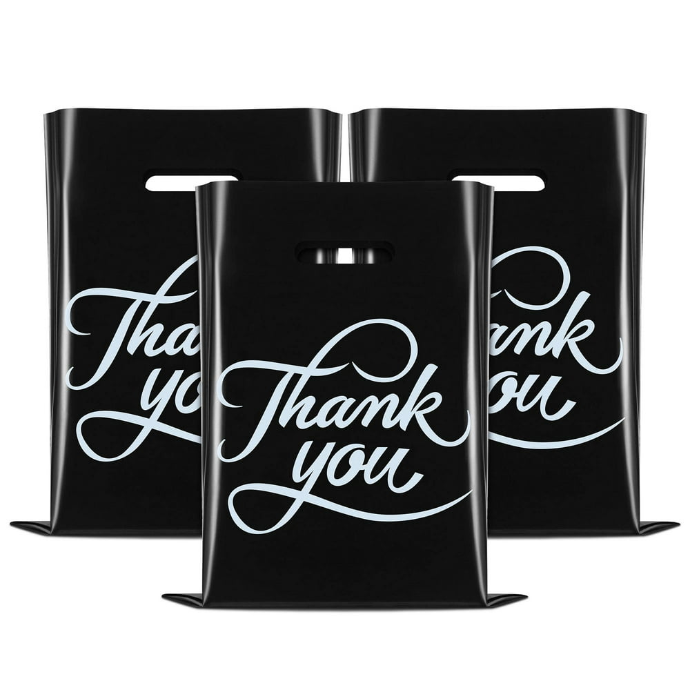 Plastic Merchandise Bags w/ Handles, Black 12x15 inch Thank You Bags