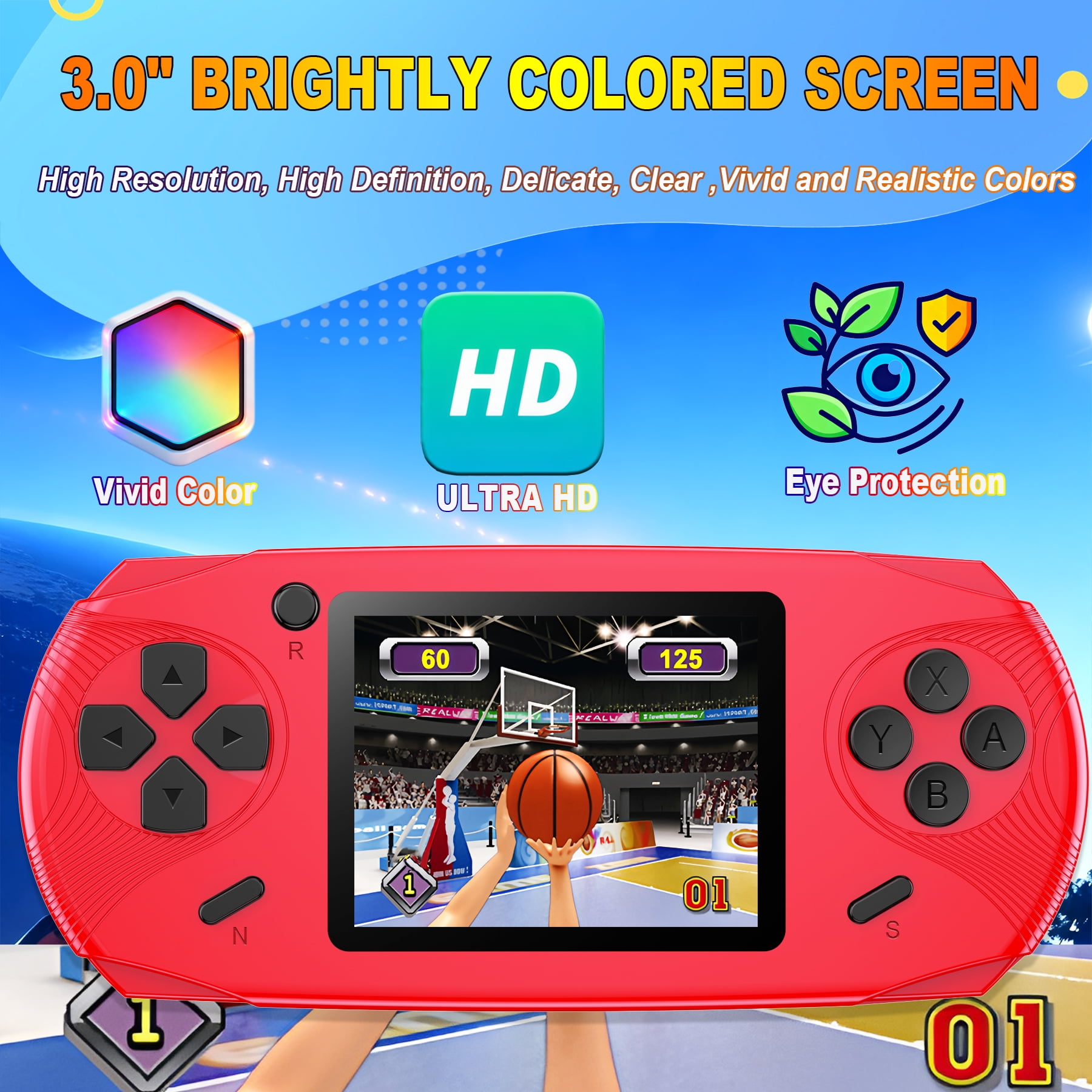 Beijue Rechargeable 16 Bit Handheld Game Console Toy for Kids with 3.0'' Color LCD 100 Games (Red)
