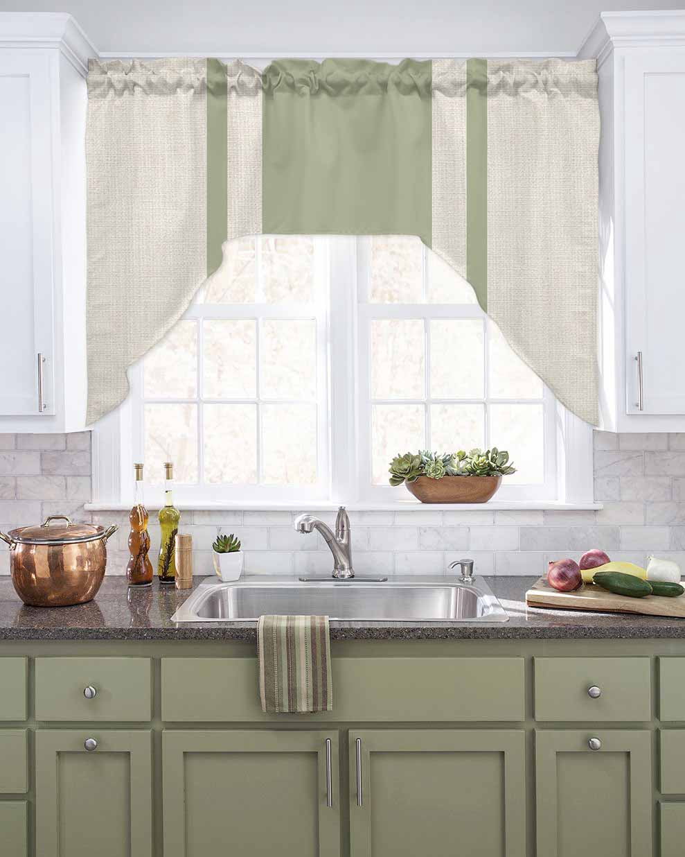 Swag Curtain Valances Sage Green Stripe Lines Swag Valances for Kitchen Windows Linen Striped Window Treatment Curtains Drapes for Kitchen Bedroom Living Room Bathroom Over Sink 56"x36"