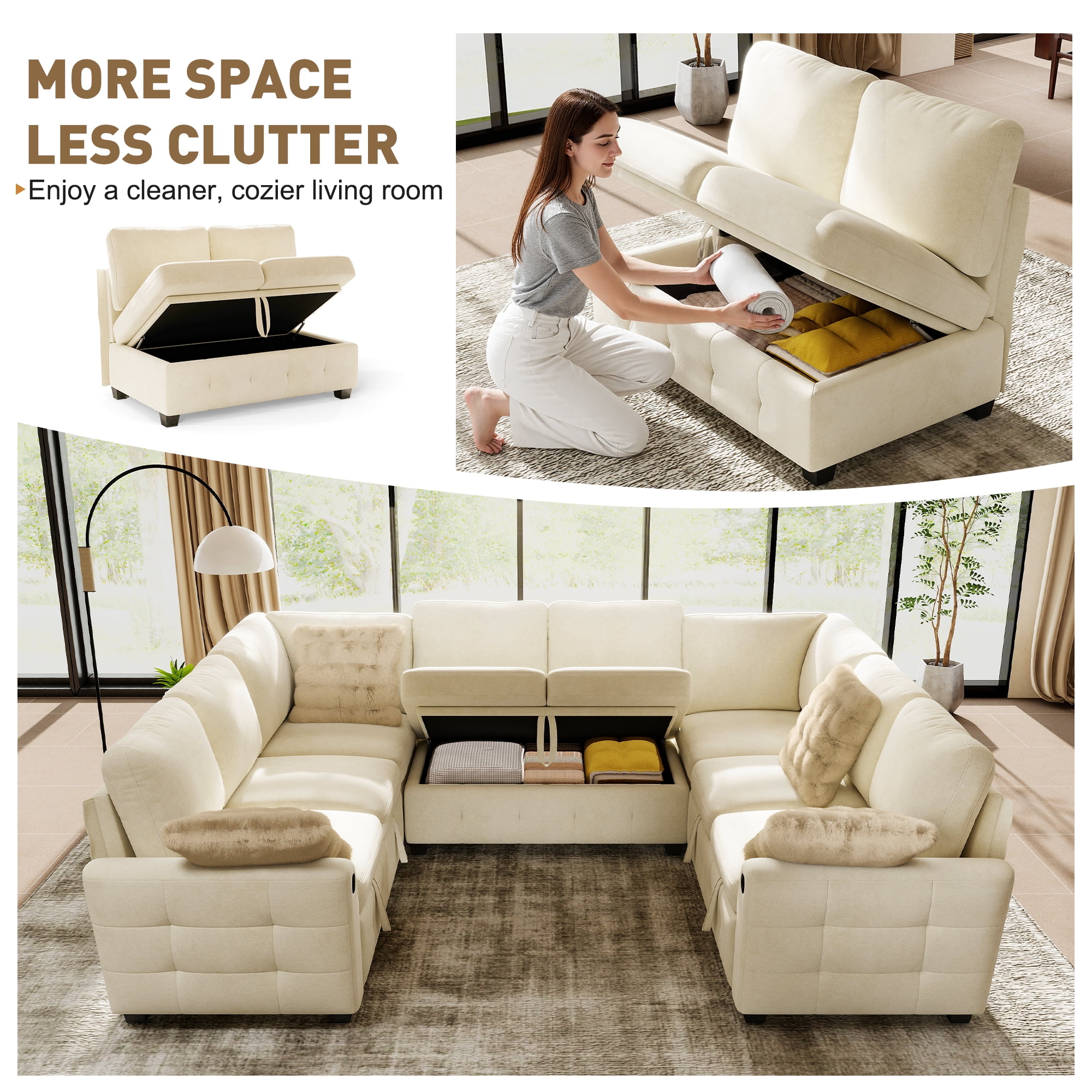 BedLuxury 110" Sectional Sleeper Sofa with Pull Out Bed, Storage Seat & USB Charging, U Shaped Modern Couch for Living Room, Chenille Beige
