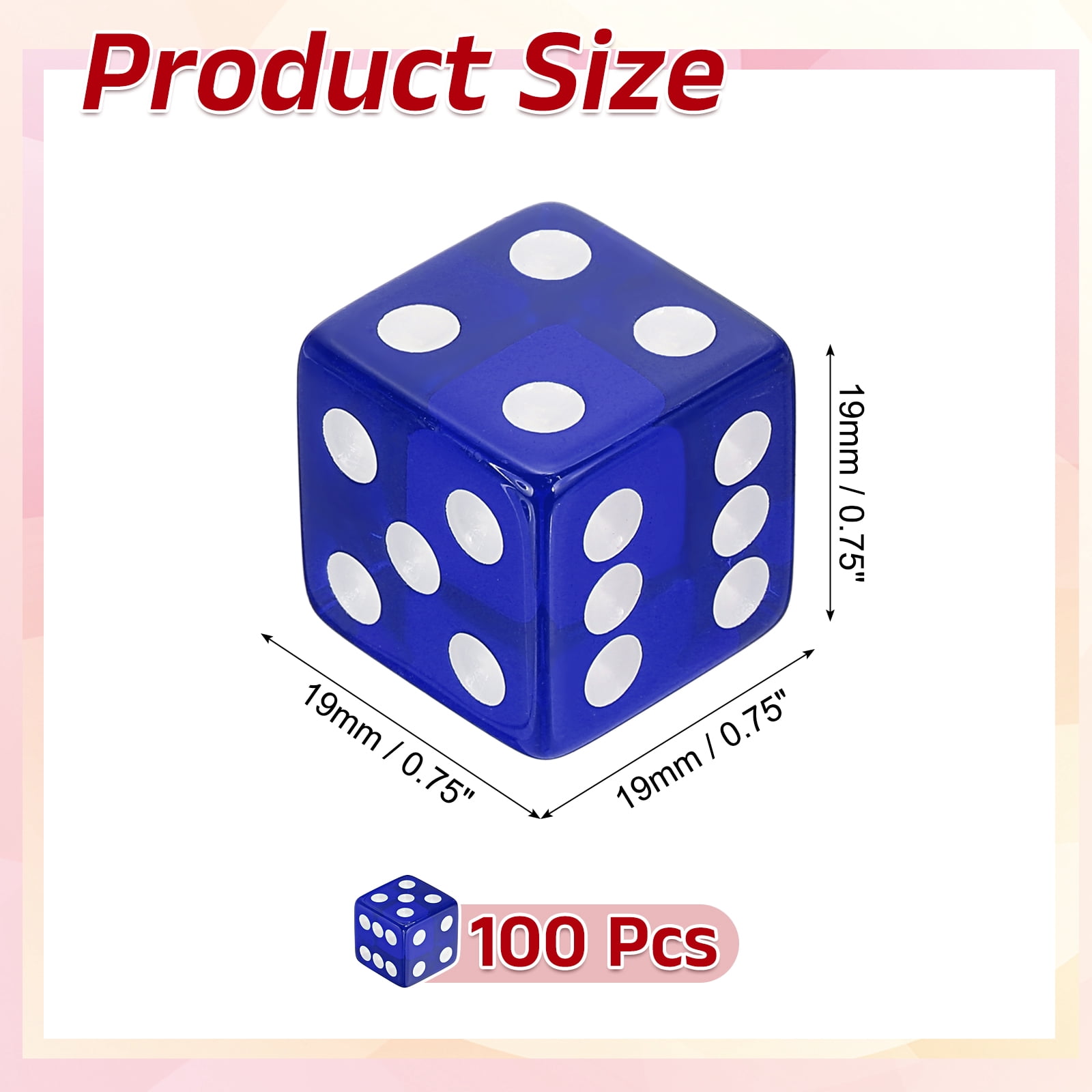 100Pack 19mm/0.75" Acrylic Translucent Rounded Edge D6 Dice, Blue