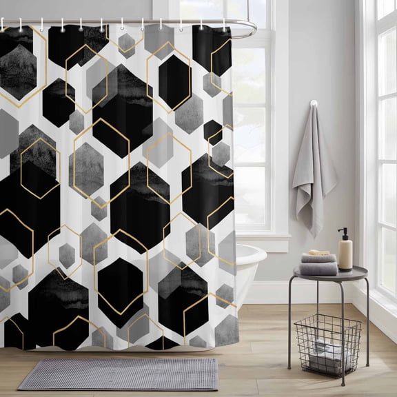 Bathroom Shower Curtain Gray Black Color Block Geometric Waterproof Shower Curtains with Hooks, Gold Stripe Hexagon Bath Curtains Bathtub Curtain Home Decor 36x72in