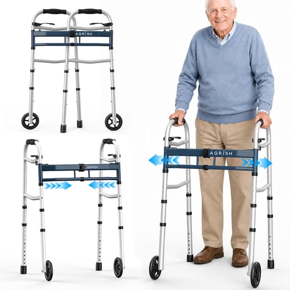 Agrish Aluminum Narrow Rollator Walker with Adjustable Width & Height, Lightweight Folding Mobility Aid for Seniors, Handicapped & Disabled, Capacity Up to 350 lbs