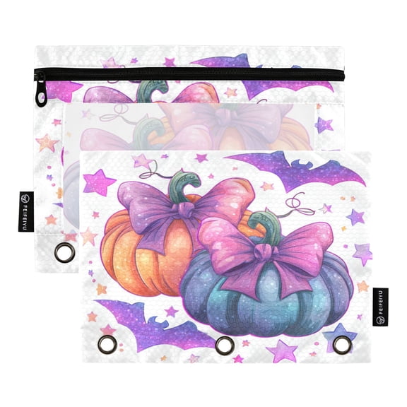 2 Pack 3 Ring Binder Pouch with Clear PVC Window Water Resistant Zipper Pencil Pouch Adorable Holiday Decor Pumpkins Binder Pocket for Classroom Office Home Stationery Organization