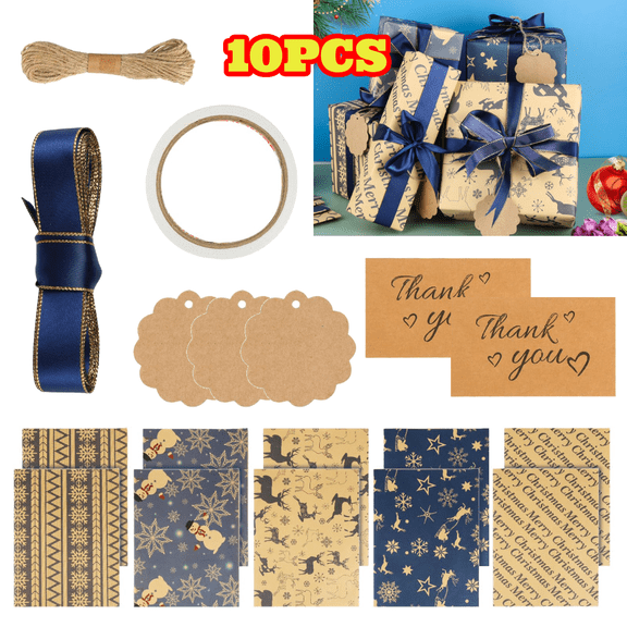 10 Sheets Kraft Wrapping Paper, Reversible Double-Sided Printed Gift Wrapping Paper for Christmas Wedding Birthday Party