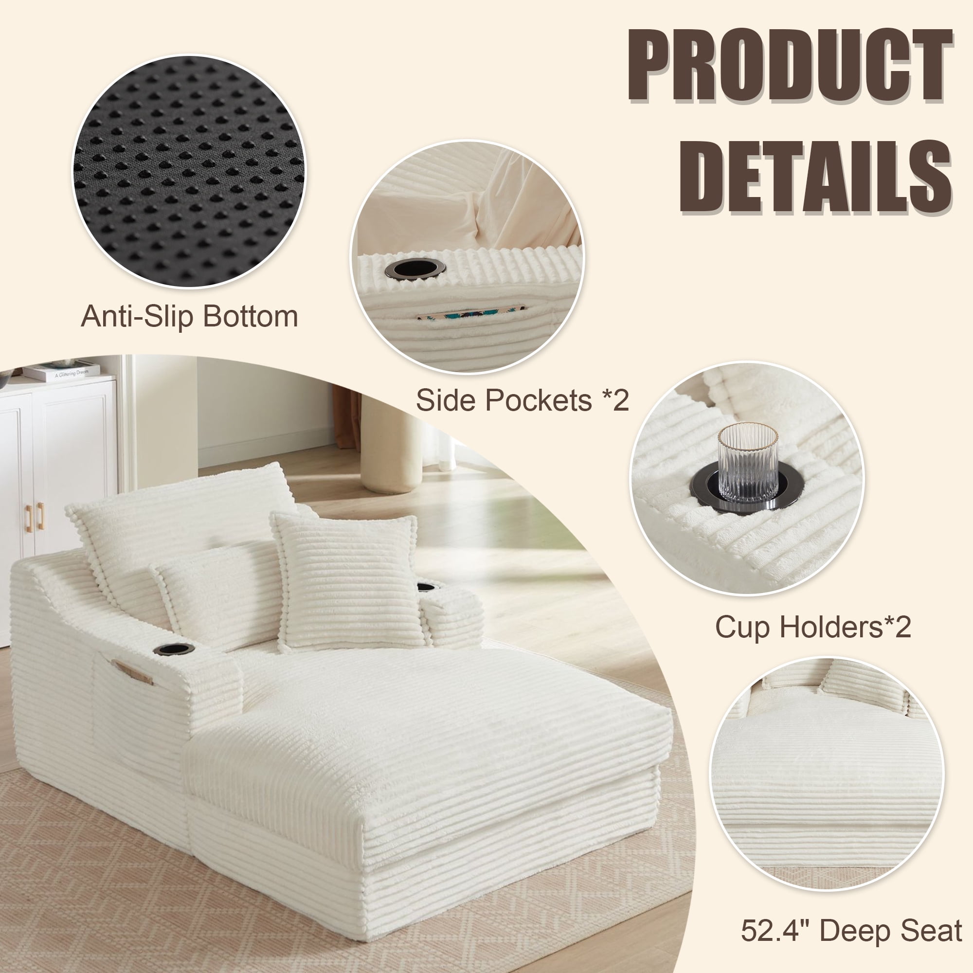 Kosynda 68"D Oversized Chaise Lounge Chair Indoor with Storage, Corduroy Upholstered Boneless Sleeper Sofa Bed with Cup Holder for Living Room, Bedroom, White