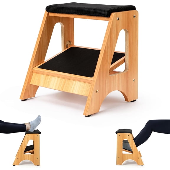 Double Step Footrest, Adjustable Wooden Foot Stool with 4 Height Levels, Cushioned Top & Non-Slip Base, Ergonomic Under Desk Leg Rest for Office Home