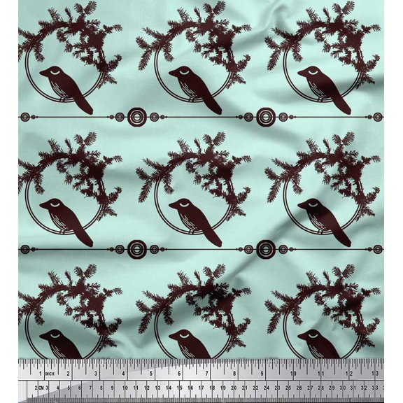 Soimoi Green Cotton Poplin Fabric Wreath & Bird Print Fabric by the Yard 42 Inch Wide