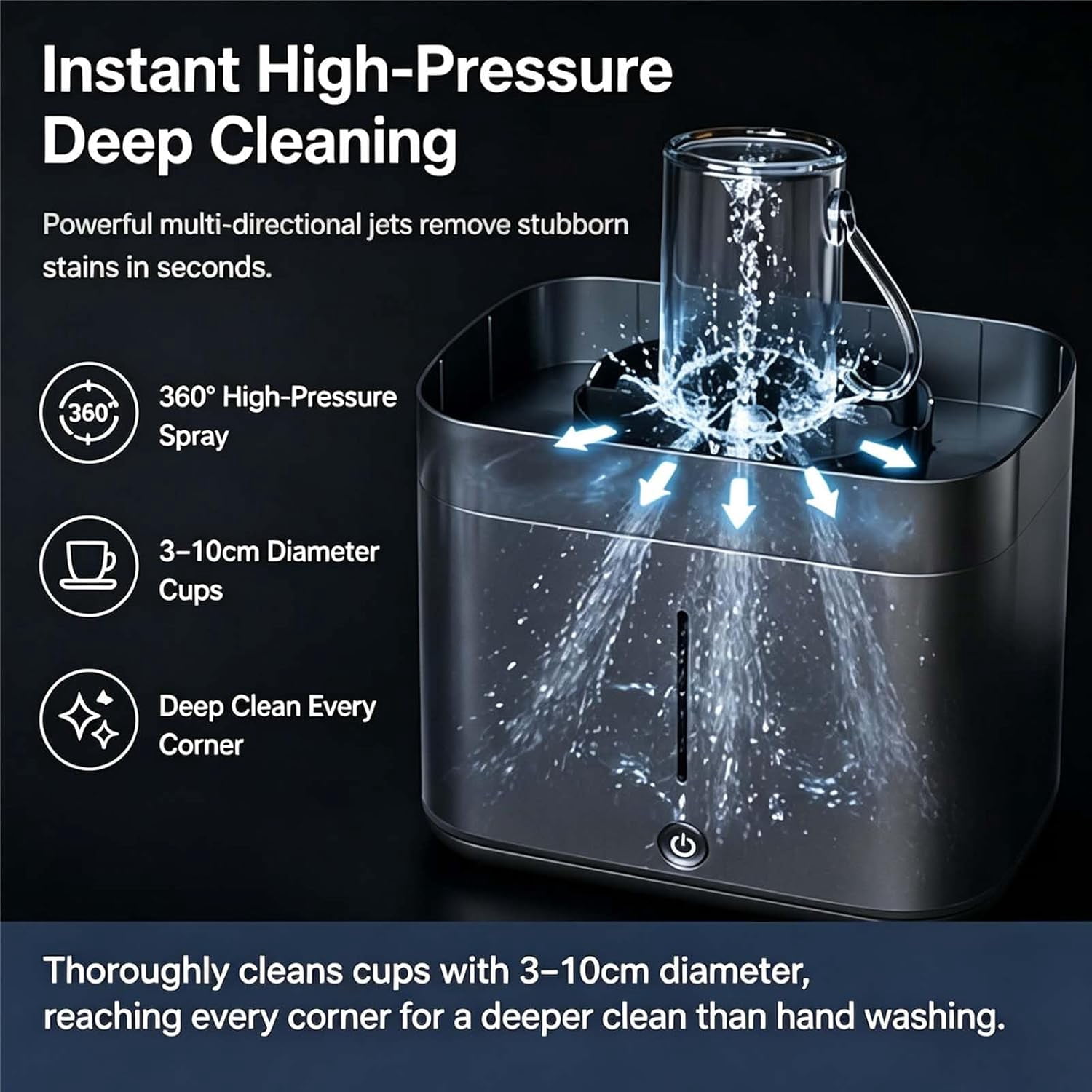Electric Glass Rinser Tea Cup Washer, Desktop Automatic Cup Washing Machine with 1.6L Water Tank, High Pressure Jets Glass Rinser for 3-10cm Diameter Cups for Water Bottle & Coffee Cups (Grey)