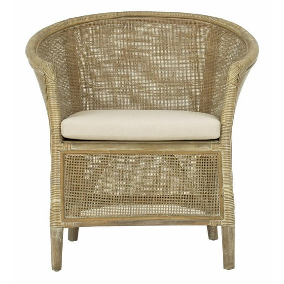 Safavieh ACH Collection Farmhouse Rattan Linen Solid Print Barrel Armchair, White Wash