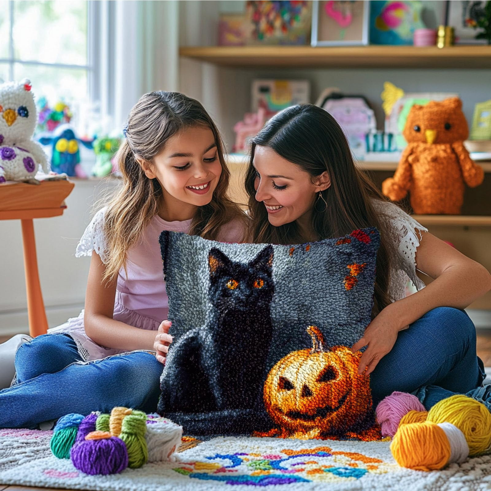 DIY Latch Hook Pillow Kits Halloween Cat and Pumpkin Printed Pillowcase Crochet Yarns Hooking Handmade Pillow Cover Cushion for Home Sofa Decoration 17x17inch-1