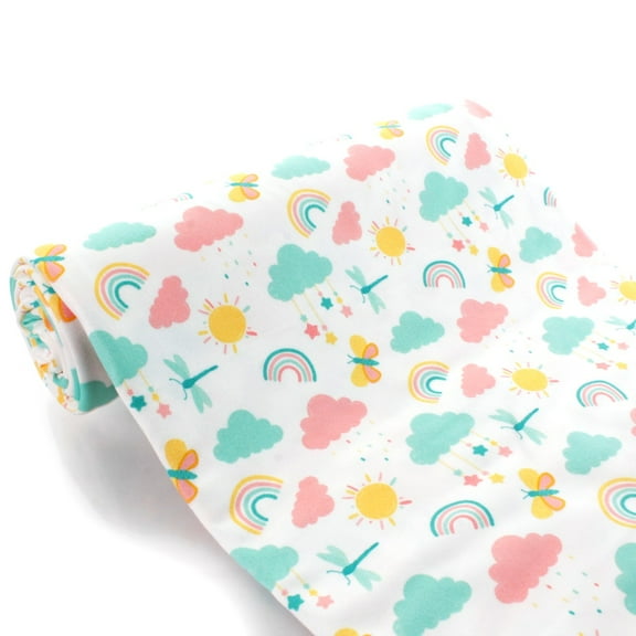 Pastel Rainbows and Butterflies DBP Fabric - Double Brushed Polyester 4 Way Stretch -  1/2 yard