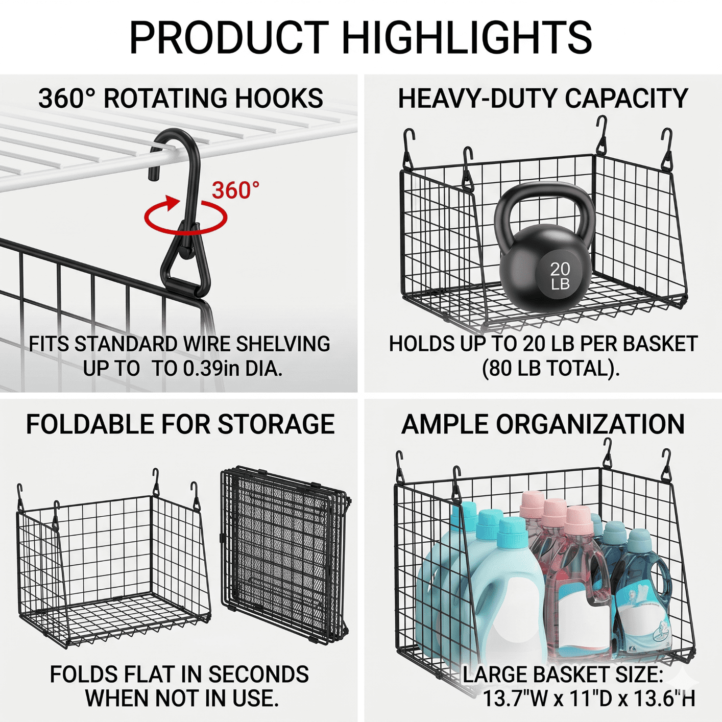 XCOSRACK 4-Pack Hanging Wire Baskets for Laundry Room, Foldable Metal Storage Organizer with 360° Rotating Hooks, Over Washer & Dryer Shelving, Black