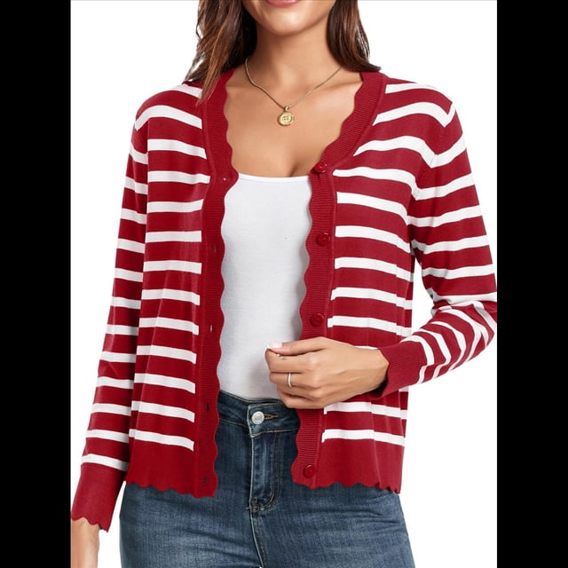 Suéteres Tipo Cárdigan de Larga para Mujer, Informales, Ligeros, con Botones y Cuello en V, para Otoño Rayas Rojas L