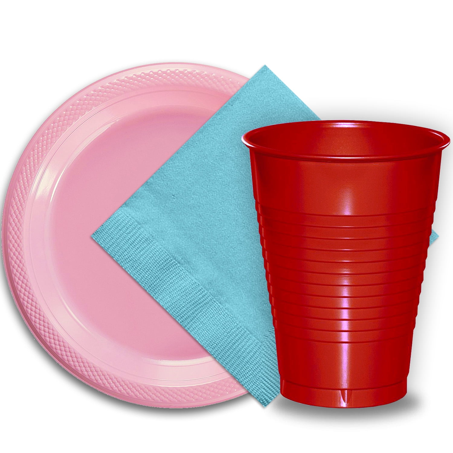 50 Pink Plastic Plates (9"), 50 Red Plastic Cups (12 oz.), and 50 Light