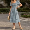 thumbnail image 2 of Levmjia Women's Floral Print Dress Summer Short Sleeve Square Neck Casual Tiered Ruffle Midi Dress with Smocked Waist A Line Swing Dress for Women Vacation, 2 of 5