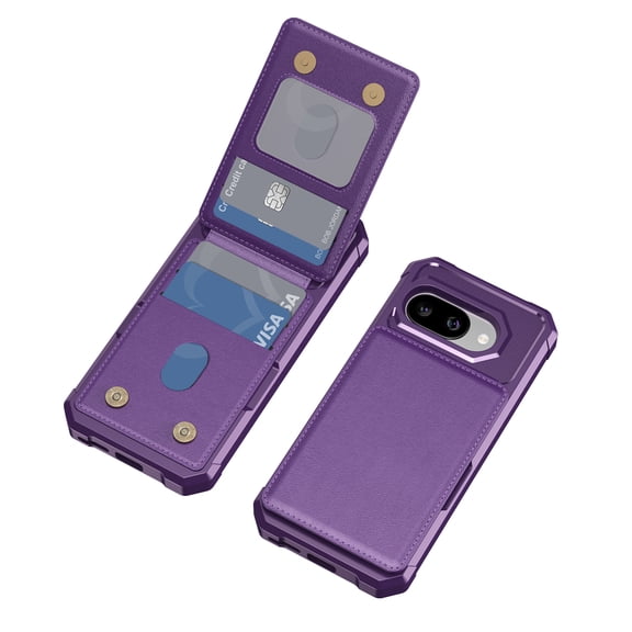 ELEHOLD PU Leather Magnetic Button Closure Credit Card Holder Slots Stand Function Wallet Shock-Absorbent Shockproof Phone Case for Google Pixel 10A, Purple