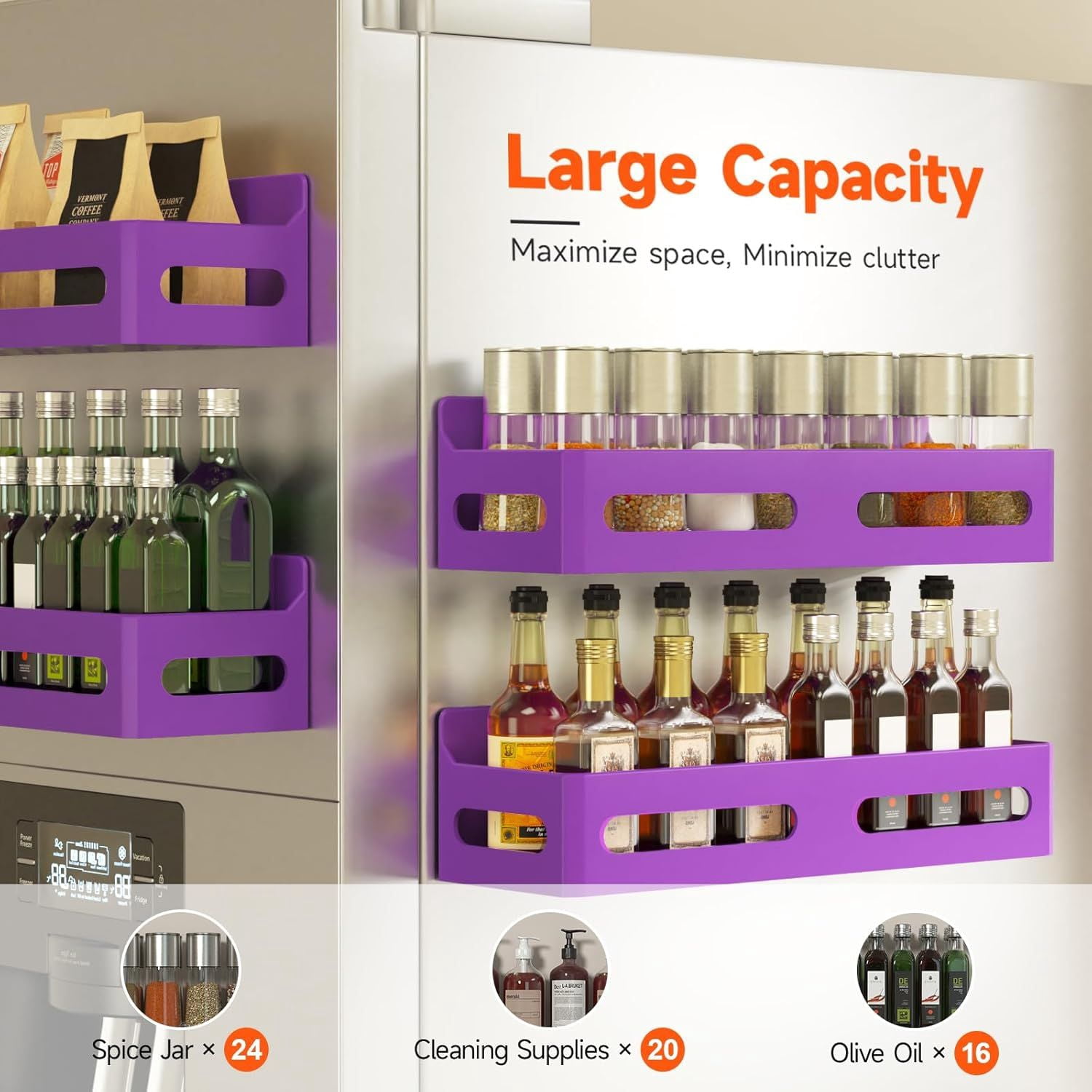 4 Pack Magnetic Spice Rack for Refrigerator Multipurpose Fridge Shelf with 4 Hooks Purple for Kitchen Bathroom Storage