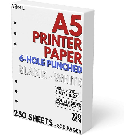 A5 Blank Paper 6-Hole Punched, 250 Sheets (500 Pages), 100 GSM, Printer Paper 148mm x 210mm (5.83 in. x 8.27 in.)