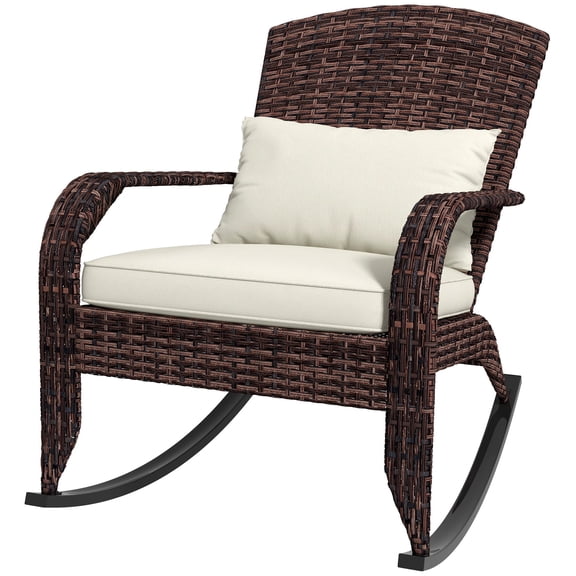 Outdoor Adirondack Rocking Chair with Cushions and Pillow, Wicker Patio Rocker with High Back and Armrests, PE Rattan Porch Rocking Chair for Balcony Deck Garden Backyard Seating, Cream White Cushion