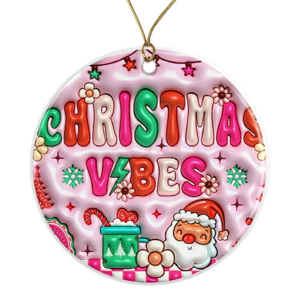 Colorful Retro Santa Ornament - Cute Christmas Vibes Decor for Holiday Season Ceramic Ornament - 3 Inch Christmas Tree Round Ornament - Xmas Holiday Decor - String Included - ORNW0142