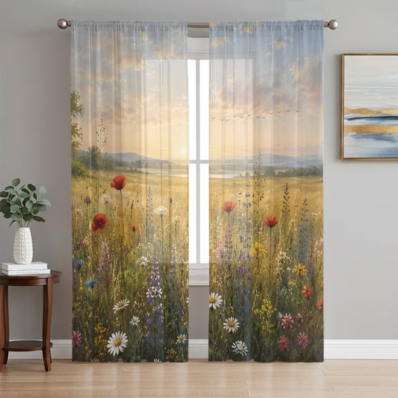 Wildflowers Sheer Curtains 63 Inch Length 2 Panels Set, Farmhouse Country Floral Plant Voile Window Treatment Rod Pocket Curtains Sheers Drapes for Bedroom/Living Room/Kitchen 52x"63"x2